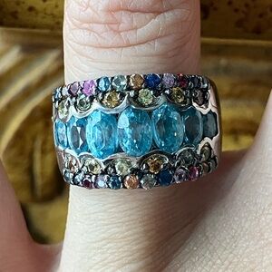 Blue Zircon Multicolor Sapphire Art Deco Ring Size 7